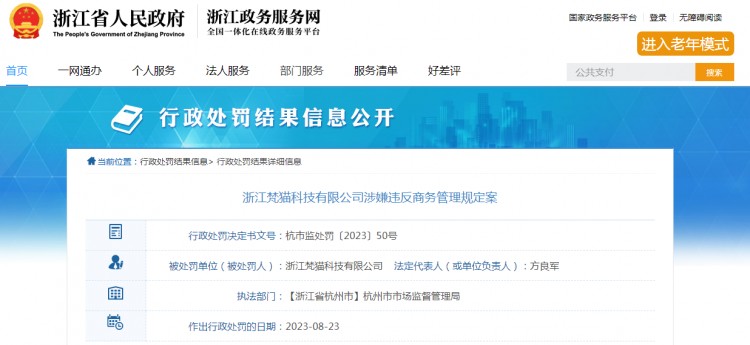 涉嫌违反商业管理规定 浙江梵猫科技有限公司被罚款125600元
